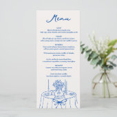 Franse Blauwe Handgetekende Champagne Whimsical Br Menu (Staand voorkant)
