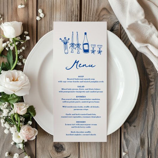 Franse Blauwe Handgetekende Champagne Whimsical Br Menu