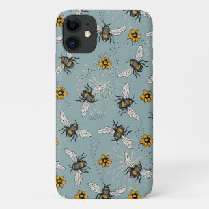 Franse Blauwe Honingbij en Bloemen Patroon Case-Mate iPhone Case