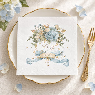 Franse Blauwe Hortensia Monogram Wapen Huwelijk Servet