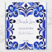 Franse Blauwe Mediterraanse tegel toost op liefde Wijn Etiket (Enkel label)