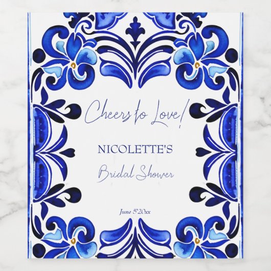 Franse Blauwe Mediterraanse tegel toost op liefde Wijn Etiket (Enkel label)