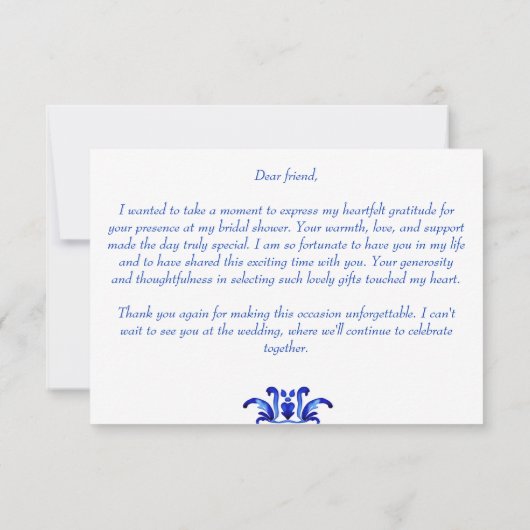 Franse Blauwe Middellandse Zee tegels bruidsdouche Bedankkaart (Achterkant)