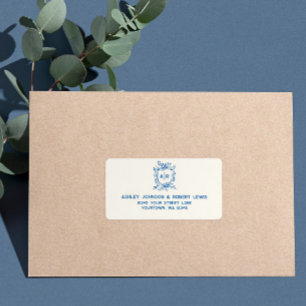 Franse Blauwe Monogram Wapen Huwelijks RSVP Adres Etiket