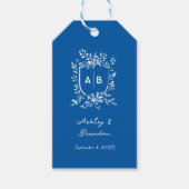 Franse Blauwe Monogram Wapen Oude Wereld Trouwen Cadeaulabel (Voorkant)