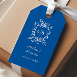 Franse Blauwe Monogram Wapen Oude Wereld Trouwen Cadeaulabel