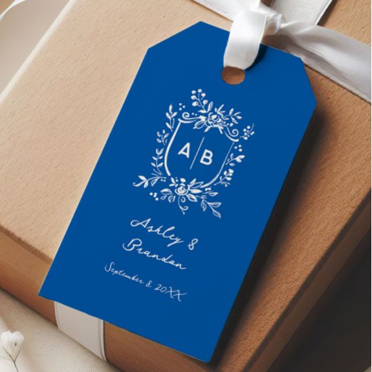 Franse Blauwe Monogram Wapen Oude Wereld Trouwen Cadeaulabel