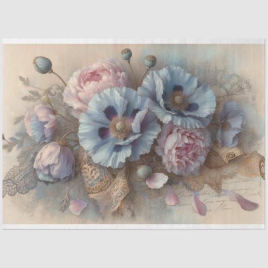 Franse Blauwe Poppies Roze Pioenen Decoupage Tissuepapier (Voorkant)
