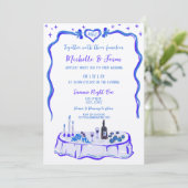 Franse blauwe retro grillige hand getekend boog fo kaart (Staand voorkant)