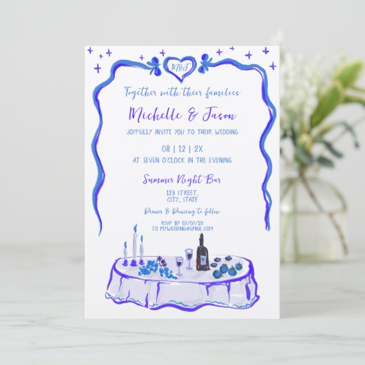 Franse blauwe retro grillige hand getekend boog fo kaart (Staand voorkant)