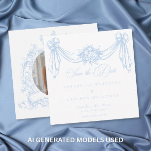 Franse Blauwe Rococo Vintage Elegante Trouwfoto Save The Date
