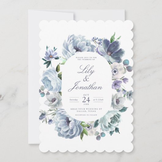 Franse blauwe Romantische Floral Wedding Kaart (Voorkant)