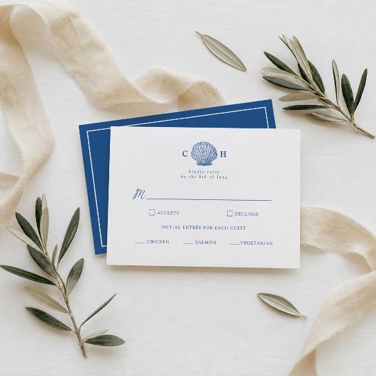 Franse Blauwe Schelp Kust Bruiloft RSVP Kaart