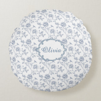 Franse Blauwe Stof Chinoiserie Bloemengirlsnaam Rond Kussen