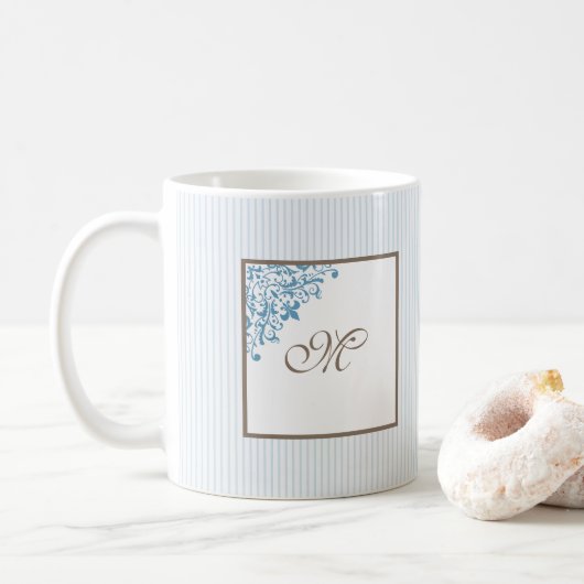 Franse Blauwe Streep Fleur de Lis Script Monogram Koffiemok (Met donut)