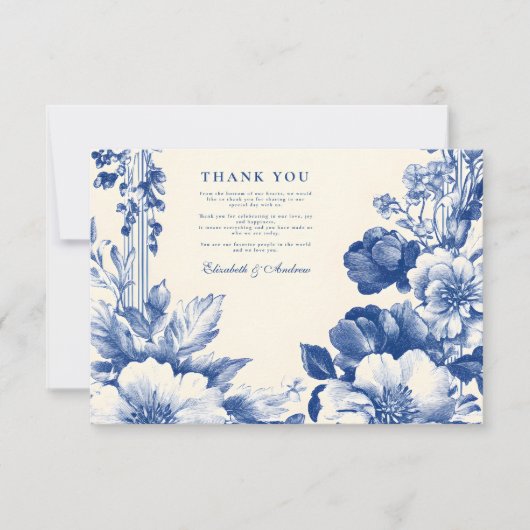  Franse Blauwe Toile Bloemen Huwelijk Bedankkaart (Voorkant)