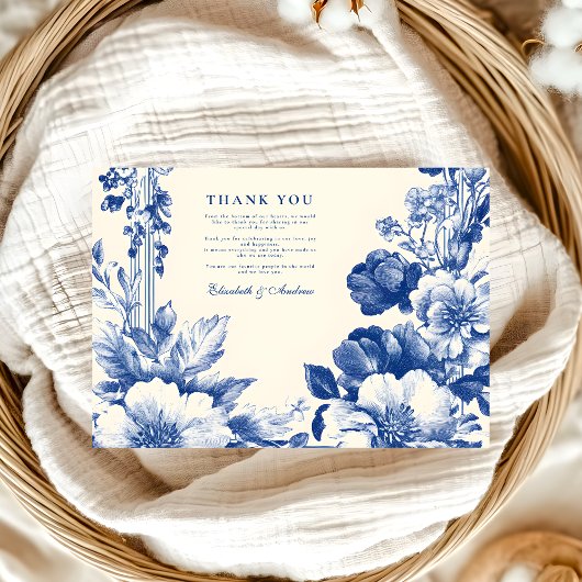 Franse Blauwe Toile Bloemen Huwelijk Bedankkaart