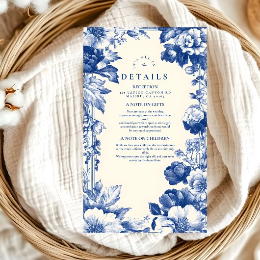  Franse Blauwe Toile Bloemen Huwelijk Informatiekaartje