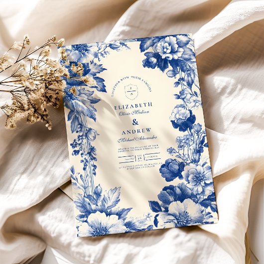  Franse Blauwe Toile Bloemen Huwelijk Kaart