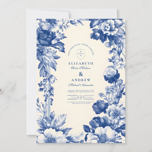  Franse Blauwe Toile Bloemen Huwelijk Kaart (Voorkant)