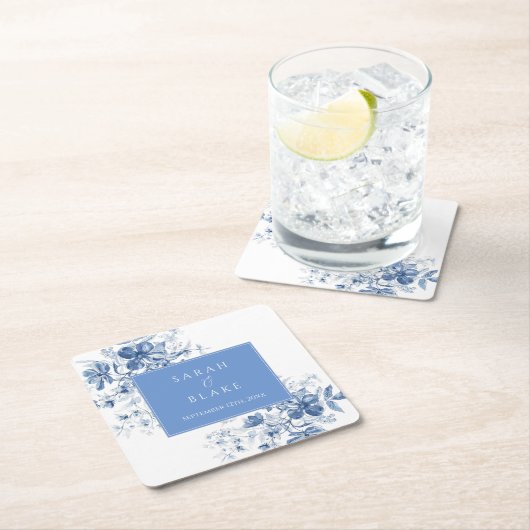 Franse Blauwe Toile Bloemen Huwelijk Kartonnen Onderzetters (Insitu)