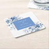 Franse Blauwe Toile Bloemen Huwelijk Kartonnen Onderzetters (Schuin)