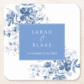 Franse Blauwe Toile Bloemen Huwelijk Kartonnen Onderzetters (Voorkant)