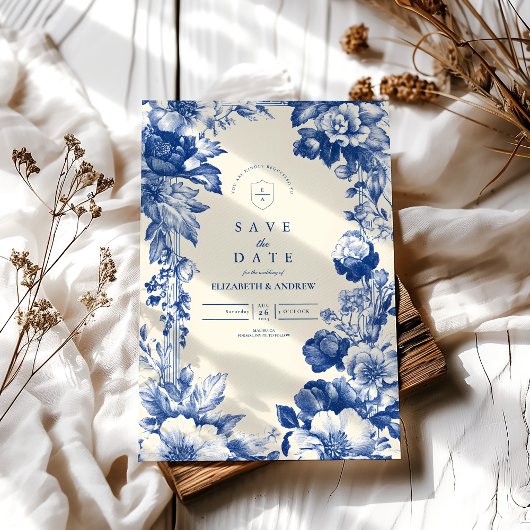 Franse Blauwe Toile Bloemen Huwelijk Save The Date