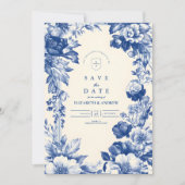  Franse Blauwe Toile Bloemen Huwelijk Save The Date (Voorkant)