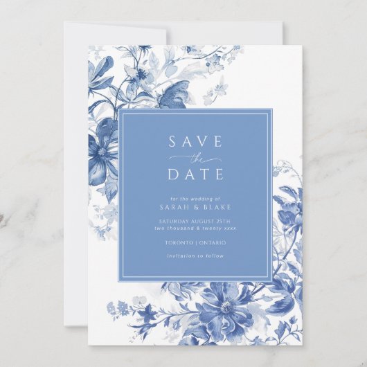 Franse Blauwe Toile Bloemen Trouwen Save the Date Kaart (Voorkant)