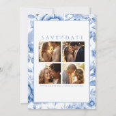 Franse Blauwe Toile Bloemen Trouwen Save the Date Kaart (Achterkant)