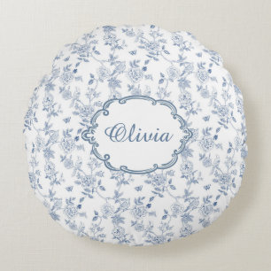 Franse Blauwe Toile Chinoiserie Bloemengirlsnaam Rond Kussen