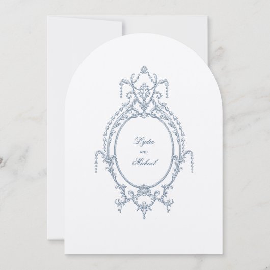 Franse Blauwe Versierde Barokke Trouw Uitnodiging (Achterkant)