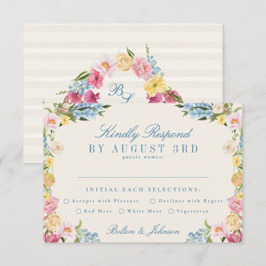 Franse Blauwe Vintage online bruiloft website RSVP Kaartje (Voorkant / Achterkant)