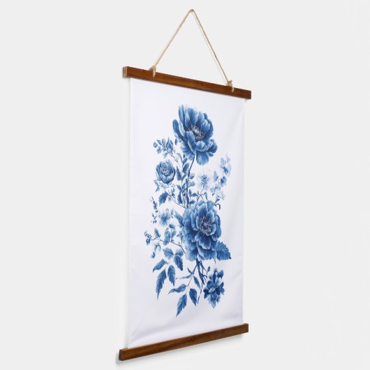 Franse Blauwe Waterverf Toile Chinoiserie Floral Hangend Wandkleed (Gebogen)