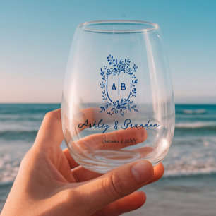Franse Blauwe Whimsical Bloemrijke Monogram Wapen Wijnglas Zonder Voet