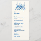 Franse Blauwe Whimsical Hand Getekende Trouwdiner Menu (Voorkant)