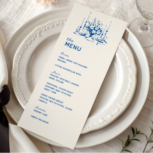 Franse Blauwe Whimsical Hand Getekende Trouwdiner Menu