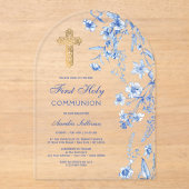 Franse Blauwe Wilde Bloemen Boog Eerste Communie Acryl Uitnodigingen (Voorkant)