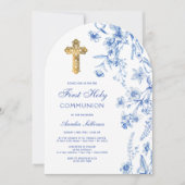 Franse Blauwe Wilde Bloemen Boog Eerste Communie Kaart (Voorkant)