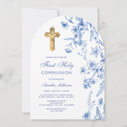 Franse Blauwe Wilde Bloemen Boog Eerste Communie Kaart (Voorkant)