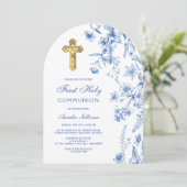 Franse Blauwe Wilde Bloemen Boog Eerste Communie Kaart (Staand voorkant)
