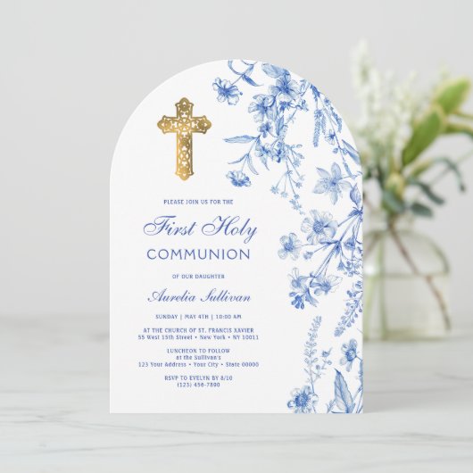 Franse Blauwe Wilde Bloemen Boog Eerste Communie Kaart (Staand voorkant)