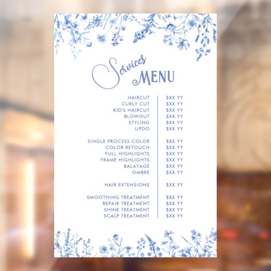 Franse Blauwe Wilde Bloemen Diensten Menu Raamsticker (Vel 2)