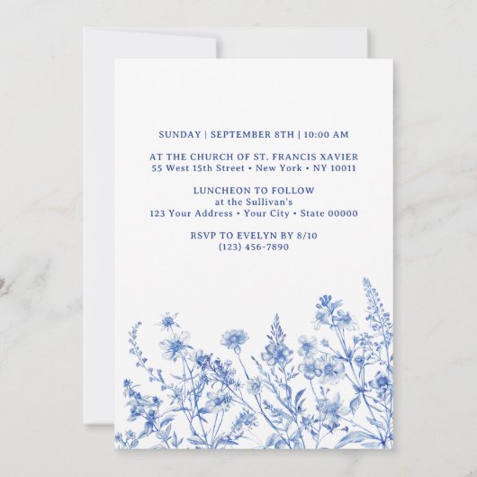 Franse blauwe wilde bloemen doop kaart (Achterkant)