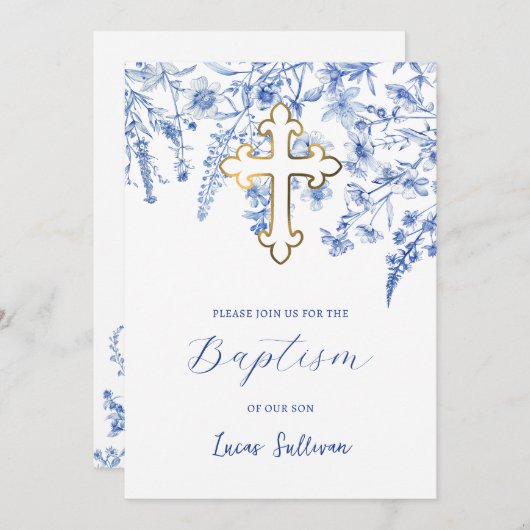 Franse blauwe wilde bloemen doop kaart (Voorkant / Achterkant)