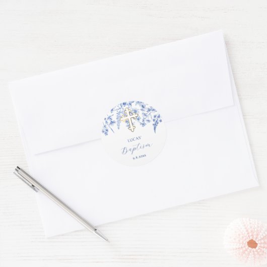 Franse Blauwe Wilde Bloemen Doop Sticker (Envelop)