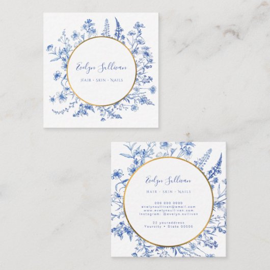 Franse blauwe wilde bloemen gouden cirkel visiteka vierkante visitekaartje (Voorkant / Achterkant)