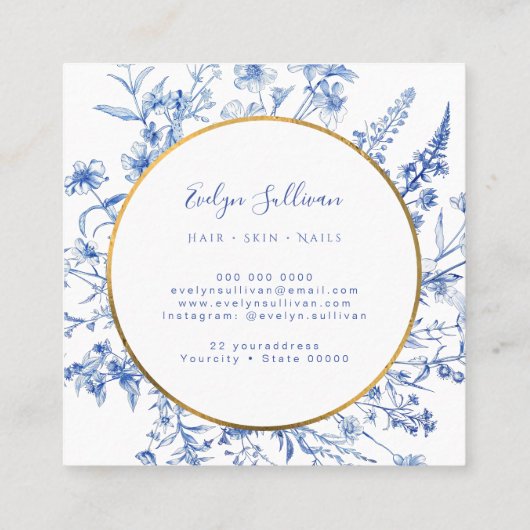 Franse blauwe wilde bloemen gouden cirkel visiteka vierkante visitekaartje (Achterkant)