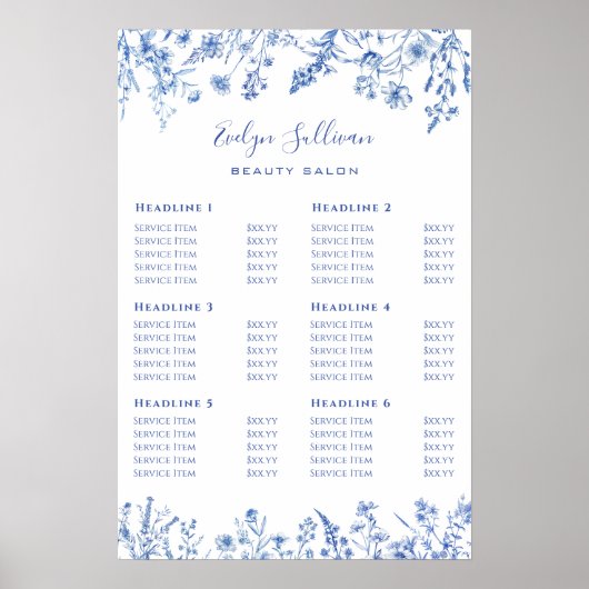 Franse blauwe wilde bloemen prijslijst poster (Voorkant)